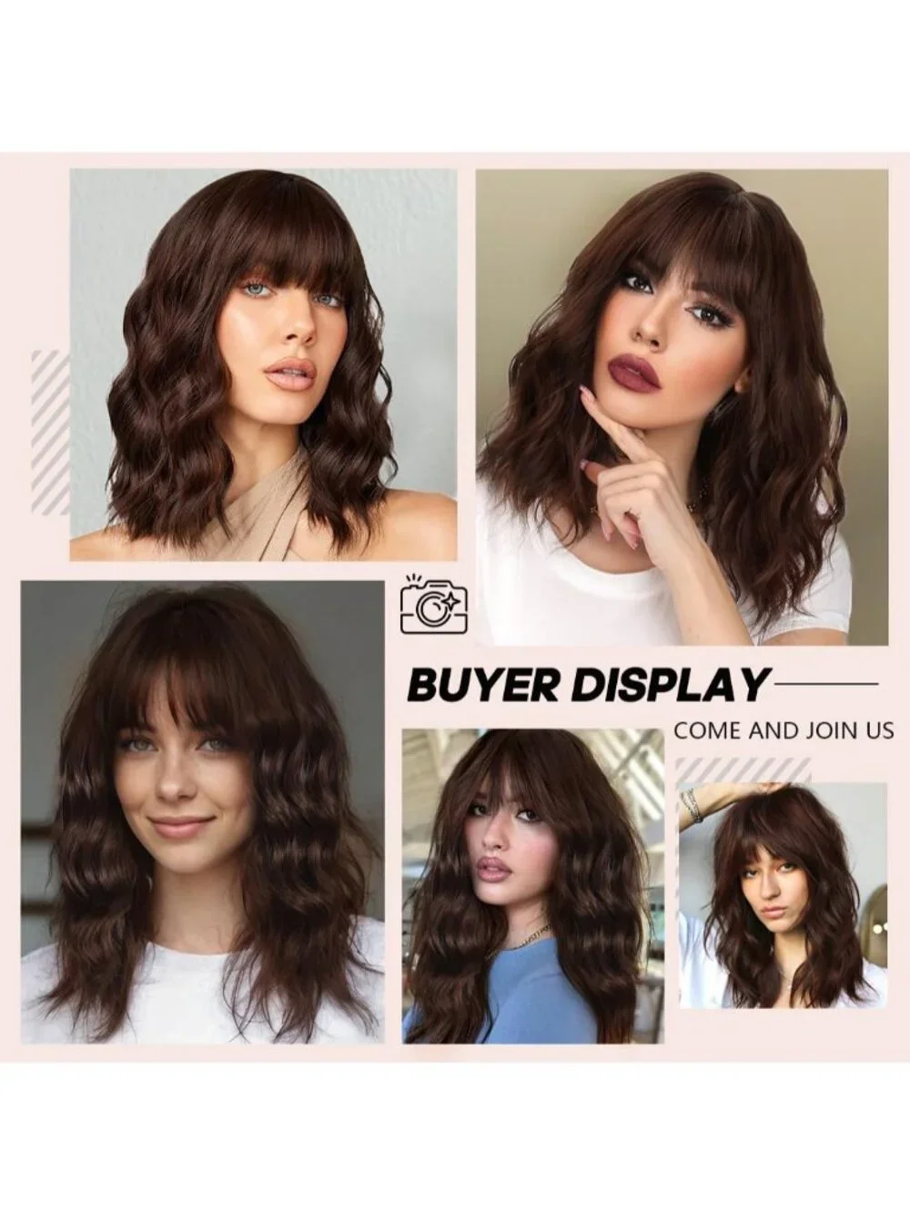 Women's Chocolate Brown 16 Inch Wavy Wig Bangs Shoulder Length Synthetic Hair